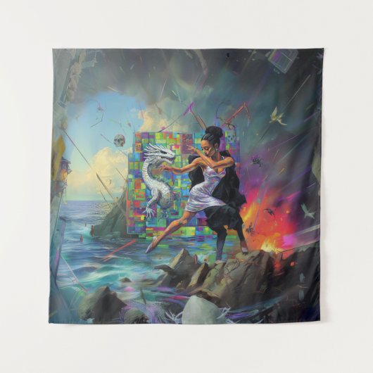 シルバードレス巫女オカルトダークウィッチーAIアート タペストリー (正面)