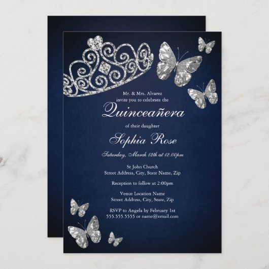 シルバーネイビージュエルティアラバタフライキンセアニェラ 招待状 (正面/裏面)