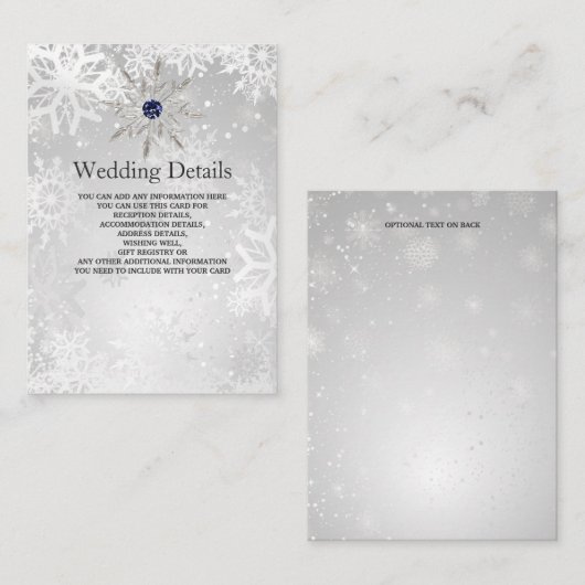 シルバーネイビースノーフレーク冬ウェディング詳細カード エンクロージャーカード (正面/裏面)