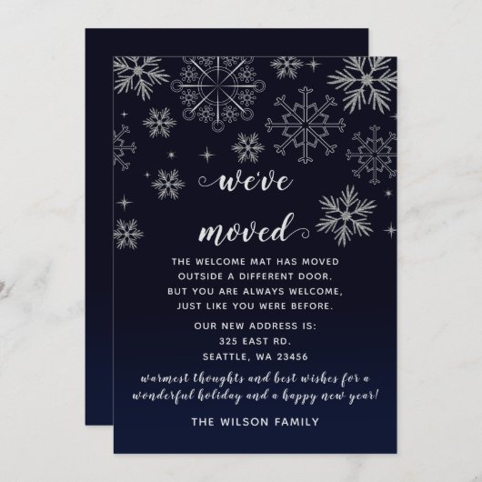 シルバーネイビースノーフレーク引っ越しましたホリデーカード (正面/裏面)