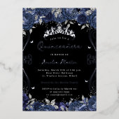 シルバーネイビースワールスクロールフローラキンセアニェラ 箔招待状 (正面)