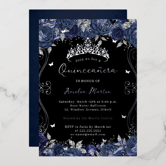 シルバーネイビースワールスクロールフローラキンセアニェラ 箔招待状 (正面/裏面)