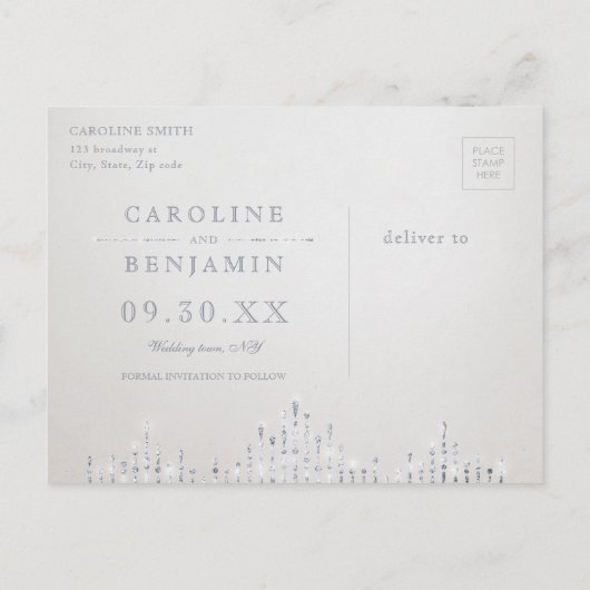 シルバーネイビーデコのヴィンテージ結婚式は日付を保存 案内ポストカード (裏面)