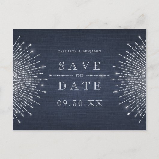 シルバーネイビーデコのヴィンテージ結婚式は日付を保存 案内ポストカード (正面)