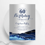 シルバーネイビーブルーアガテマーブル60誕生日 招待状<br><div class="desc">ネイビーブルーとシルバーの誕生日パーティーの招待状60th。モダン青いエレガント水の色の王室のagate大理石のデザインの背景とフェイクグリッター銀とタイポグラフィのスクリプトフォントを搭載した。トレンディー招待状カードは女性スタイリッシュの日のお祝いに最適。印刷されたZazzle招待状または即時ダウンロードのデジタル印刷可能なテンプレート。</div>