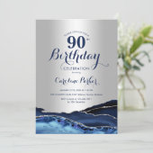 シルバーネイビーブルーアガテマーブル90誕生日 招待状 (スタンド正面)