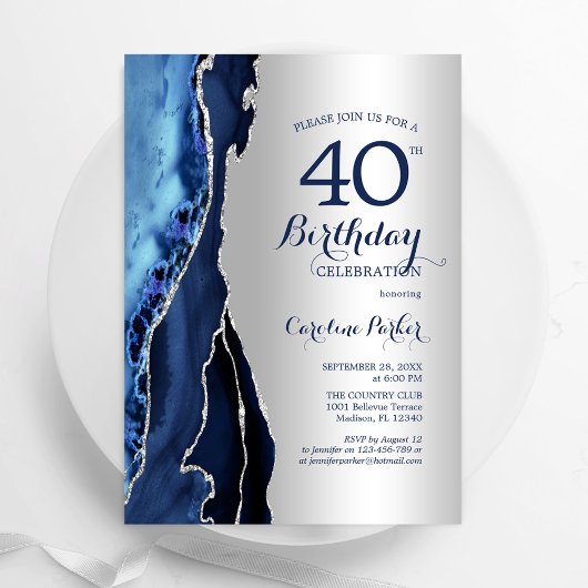 シルバーネイビーブルーアゲート40歳の誕生日 招待状