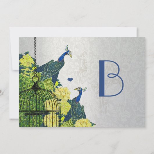 シルバーネイビーブルーイエローヴィンテージクジャックバードケージ 招待状 (裏面)