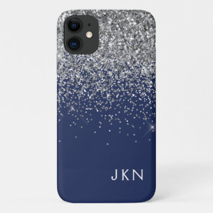 シルバーネイビーブルーガーリーグリッタースパークルモノグラム iPhone 11 ケース