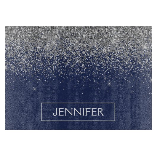 シルバーネイビーブルーグリッターガーリーモノグラム名 カッティングボード (正面)