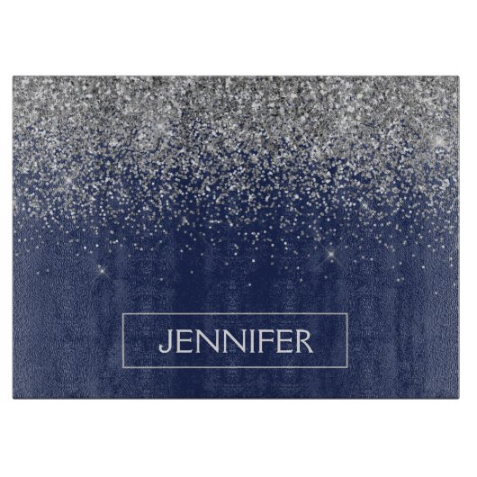 シルバーネイビーブルーグリッターガーリーモノグラム名 カッティングボード (正面)