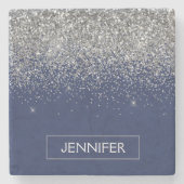 シルバーネイビーブルーグリッターガーリーモノグラム名 ストーンコースター (正面)