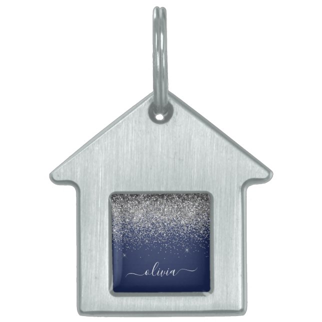 シルバーネイビーブルーグリッターガーリーモノグラム名 ペットネームタグ (正面)