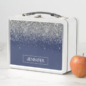 シルバーネイビーブルーグリッターガーリーモノグラム名 メタルランチボックス (インサイチュ)