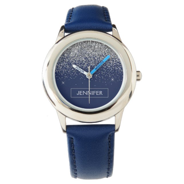 シルバーネイビーブルーグリッターガーリーモノグラム名 腕時計 (正面)