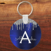 シルバーネイビーブルーグリッターステンレススチールモノグラム キーホルダー (正面)