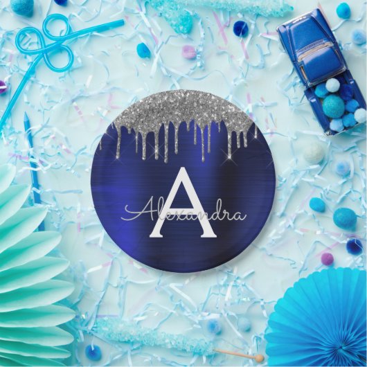 シルバーネイビーブルーグリッタースパークルモノグラム名 ペーパープレート (パーティー)