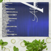 シルバーネイビーブルーグリッターブラッシュドメタルモノグラム キッチンタオル (折り畳み)