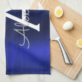 シルバーネイビーブルーグリッターブラッシュドメタルモノグラム キッチンタオル (四つ折り)