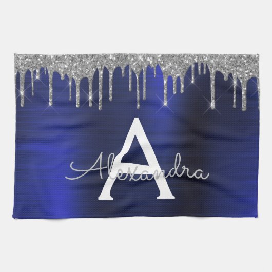 シルバーネイビーブルーグリッターブラッシュドメタルモノグラム キッチンタオル (横)