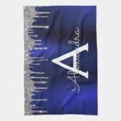 シルバーネイビーブルーグリッターブラッシュドメタルモノグラム キッチンタオル (縦)