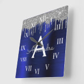 シルバーネイビーブルーグリッターブラッシュドメタルモノグラム スクエア壁時計 (傾斜)