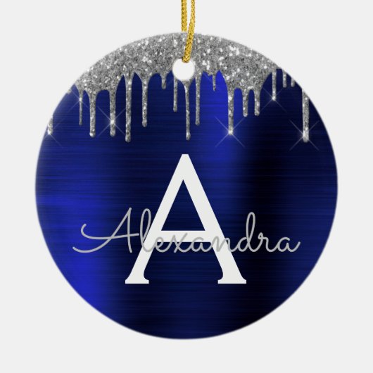 シルバーネイビーブルーグリッターブラッシュドメタルモノグラム セラミックオーナメント (正面)