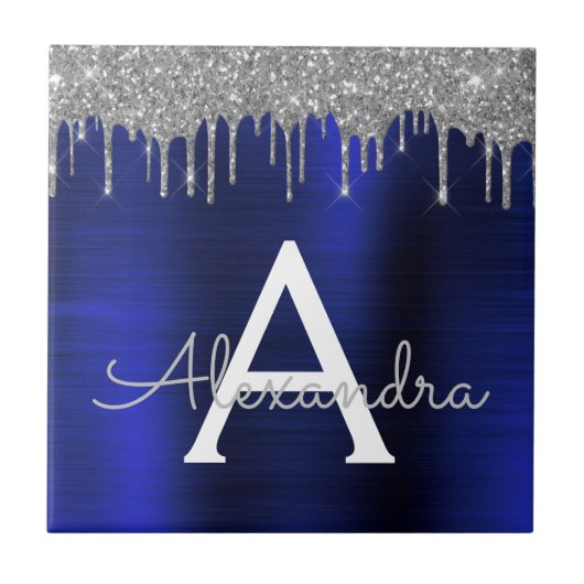 シルバーネイビーブルーグリッターブラッシュドメタルモノグラム タイル (正面)