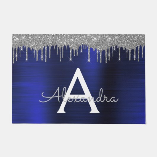 シルバーネイビーブルーグリッターブラッシュドメタルモノグラム ドアマット (正面)