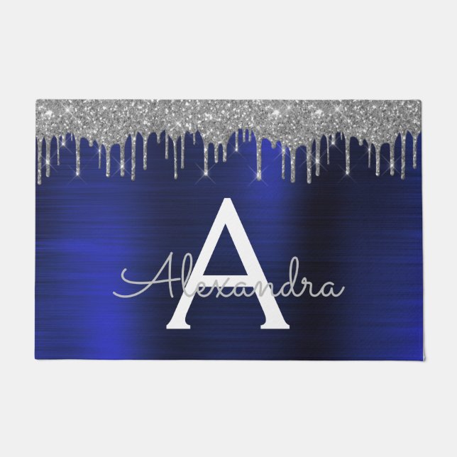 シルバーネイビーブルーグリッターブラッシュドメタルモノグラム ドアマット (正面)