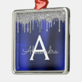 シルバーネイビーブルーグリッターブラッシュドメタルモノグラム メタルオーナメント (左)