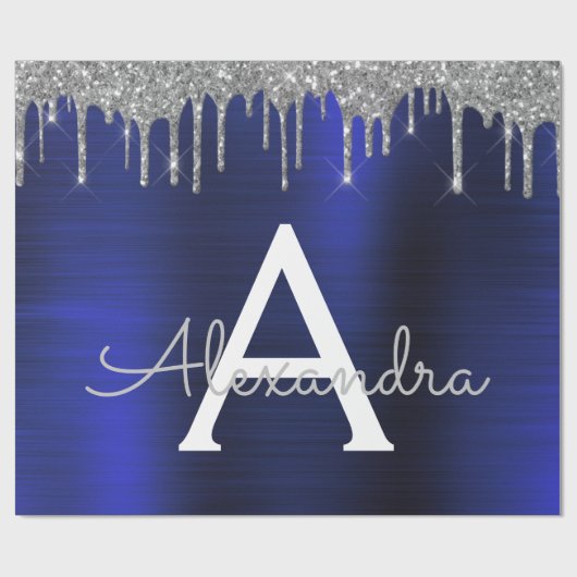 シルバーネイビーブルーグリッターブラッシュドメタルモノグラム ラッピングペーパー (フラット)