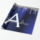 シルバーネイビーブルーグリッターブラッシュドメタルモノグラム ラッピングペーパー (アンロールド)