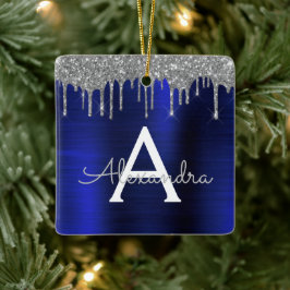 シルバーネイビーブルーグリッターモノグラム名 セラミックオーナメント
