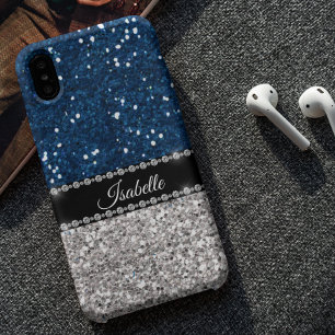 シルバーネイビーブルースパークルグラムきらきら光るパーソナライズされた Case-Mate iPhone 14 PRO MAXケース