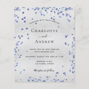 シルバーネイビーブルーハート予算結婚式招待状 チラシ