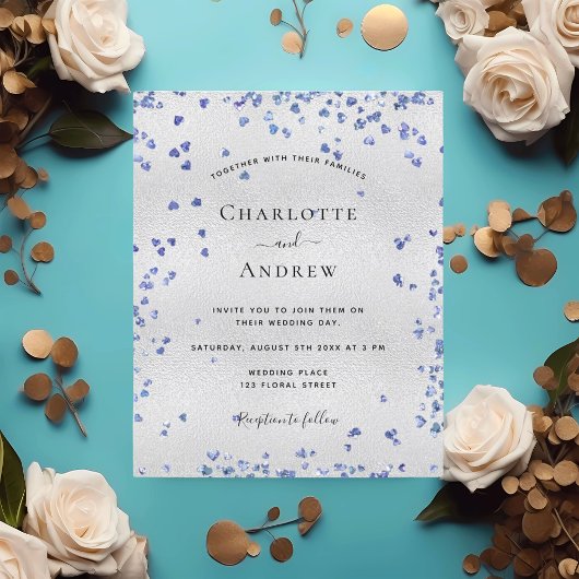 シルバーネイビーブルーハート結婚式招待状