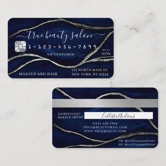 シルバーネイビーブルーマーブルシグネチャークレジットカード 名刺 (正面/裏面)