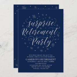 シルバーネイビーブルーモダンサプライズ退職パーティー 招待状
