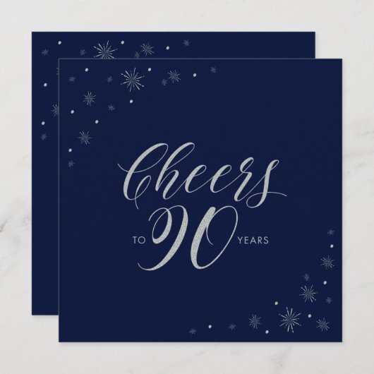 シルバーネイビーブルー応援90thバースデーパーティースクエア 招待状 (正面/裏面)