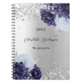 シルバーネイビーブルー花模様グラマエレガントラス ノートブック (正面)