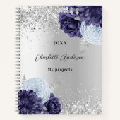 シルバーネイビーブルー花模様グラマエレガントラス ノートブック (正面)