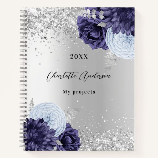 シルバーネイビーブルー花模様グラマエレガントラス ノートブック (正面)