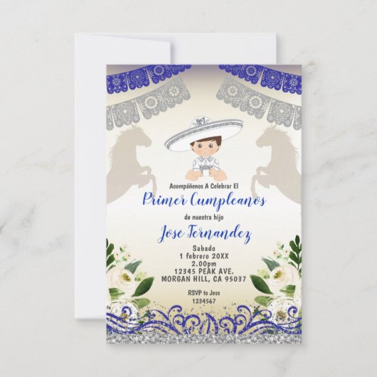 シルバーネイビープライマークンプレアノスウノフィエスタ誕生日 招待状 (正面)