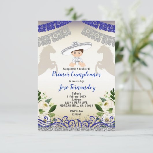 シルバーネイビープライマークンプレアノスウノフィエスタ誕生日 招待状 (スタンド正面)