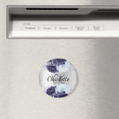 シルバーネイビー青花模様エレガントモノグラム名 マグネット (インサイチュ (食洗機))