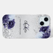 シルバーネイビー青花模様エレガントモノグラム名 Case-Mate iPhoneケース (裏面 (横))