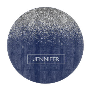 シルバーネービーブルーグリッターガーリーモノグラム名 カッティングボード