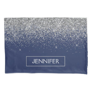 シルバーネービーブルーグリッターガーリーモノグラム名 枕カバー