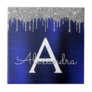 シルバーネービーブルーグリッターブラシメタルモノグラム タイル